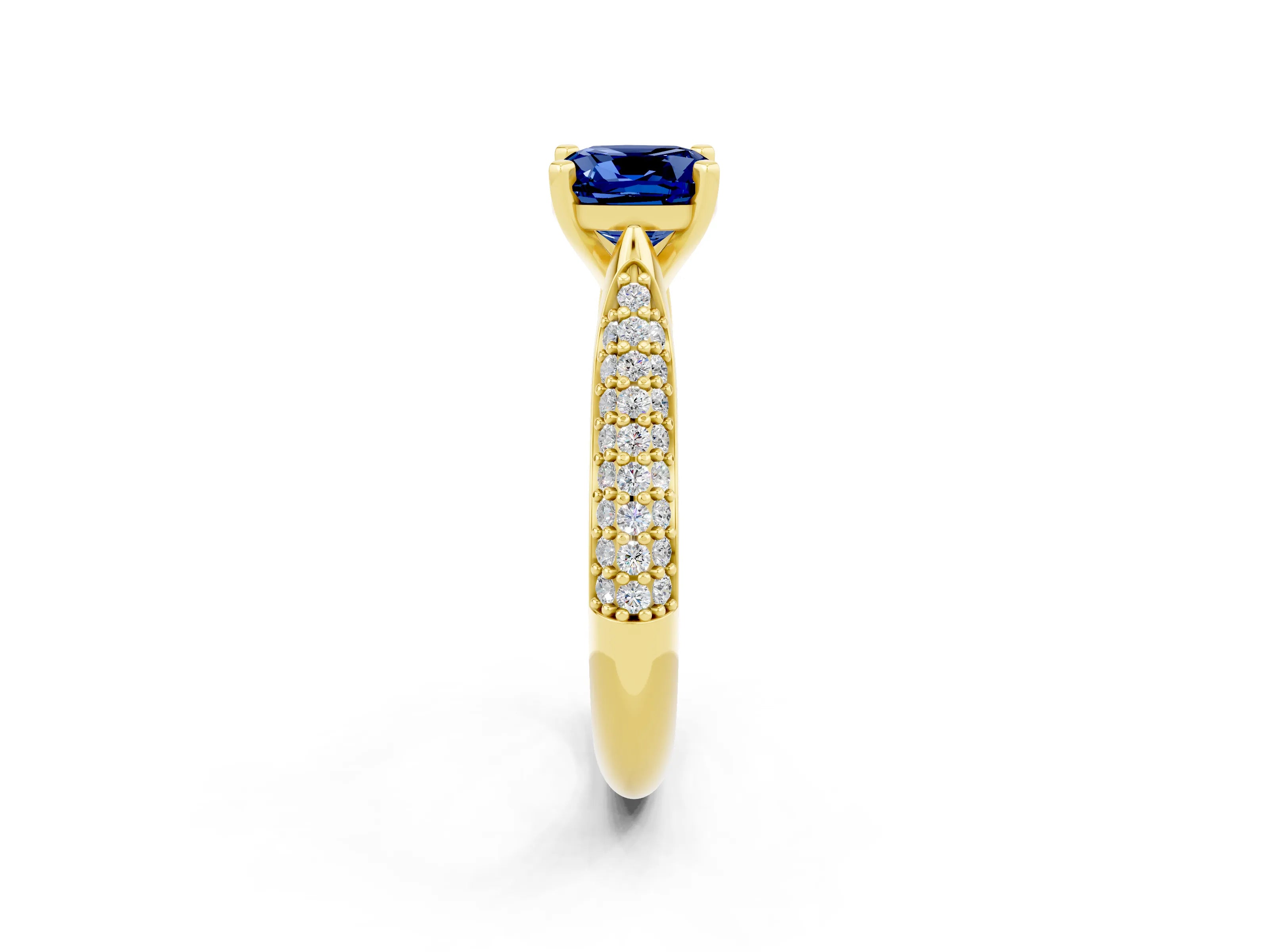 Yellow gold Cushion Cut Diamond Solitaire Engagement Ring with Pavé Band and Four-Prong Setting_2
