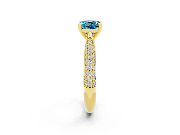 Yellow gold Cushion Cut Diamond Solitaire Engagement Ring with Pavé Band and Four-Prong Setting