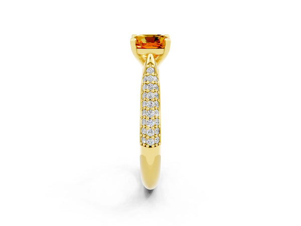 Yellow gold Cushion Cut Citrine Solitaire Engagement Ring with Multi-Row Round Pavé Band and Prong Setting