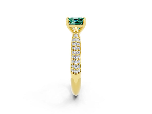 Yellow gold Cushion Cut Green Sapphire Solitaire Engagement Ring with Multi-Row Round Pavé Band and Prong Setting