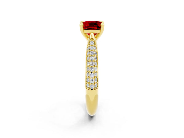 Yellow gold Cushion Cut Diamond Solitaire Engagement Ring with Pavé Band and Four-Prong Setting