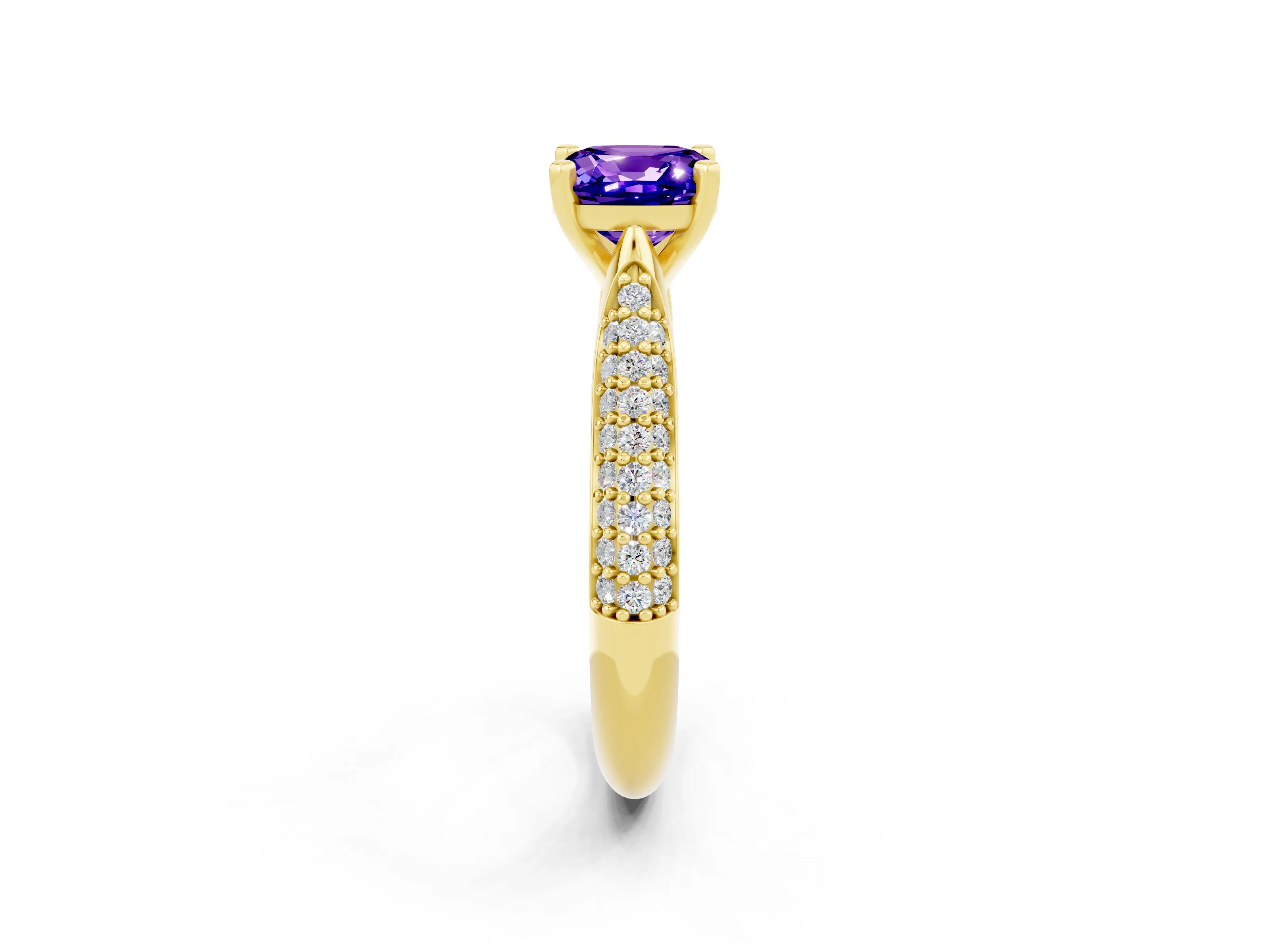 Yellow gold Cushion Cut Diamond Solitaire Engagement Ring with Pavé Band and Four-Prong Setting_2