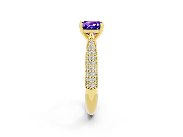 Yellow gold Cushion Cut Tanzanite Solitaire Engagement Ring with Multi-Row Round Pavé Band and Prong Setting