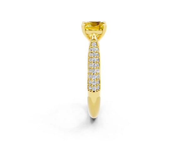 Yellow gold Cushion Cut Yellow Sapphire Solitaire Engagement Ring with Multi-Row Round Pavé Band and Prong Setting