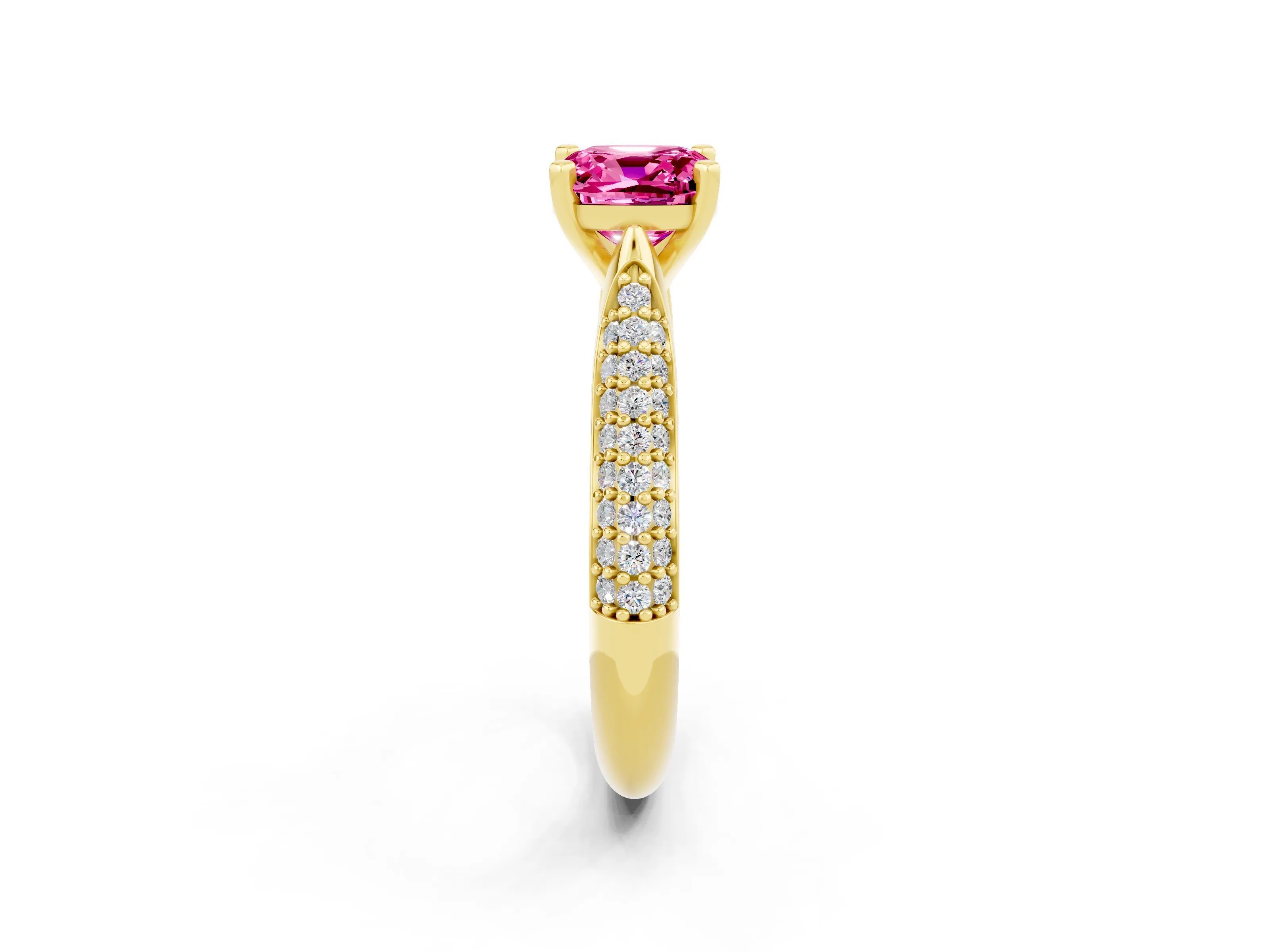 Yellow gold Cushion Cut Diamond Solitaire Engagement Ring with Pavé Band and Four-Prong Setting_2