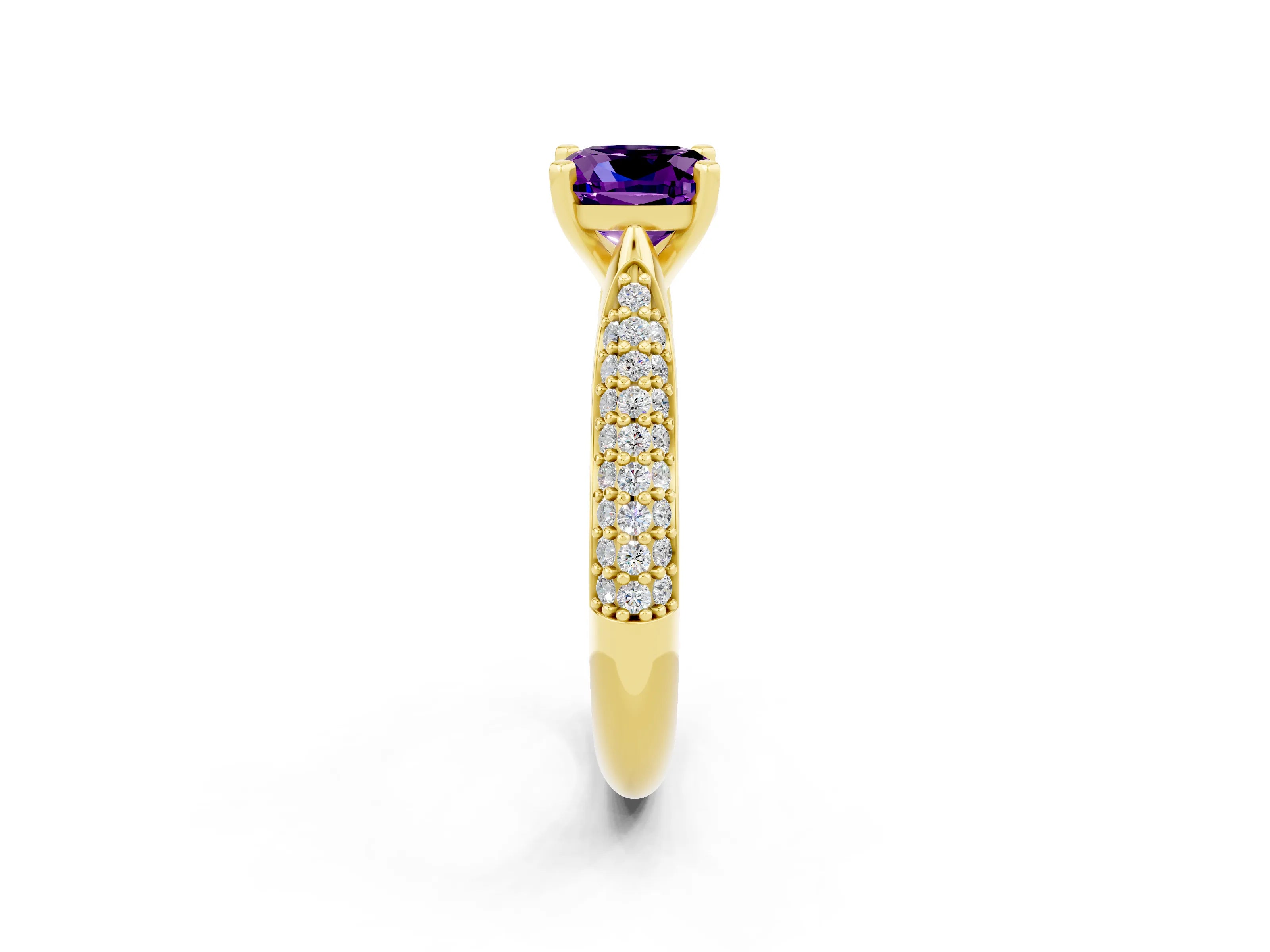 Yellow gold Cushion Cut Diamond Solitaire Engagement Ring with Pavé Band and Four-Prong Setting_2