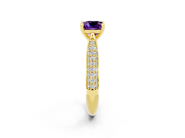 Yellow gold Cushion Cut Amethyst Solitaire Engagement Ring with Multi-Row Round Pavé Band and Prong Setting