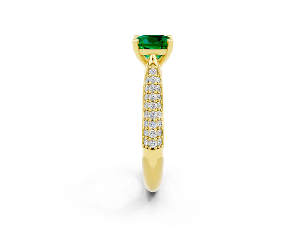 Yellow gold Cushion Cut Emerald Solitaire Engagement Ring with Multi-Row Round Pavé Band and Prong Setting