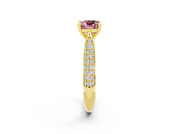 Yellow gold Cushion Cut Diamond Solitaire Engagement Ring with Pavé Band and Four-Prong Setting