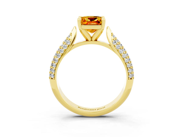 Yellow gold Cushion Cut Citrine Solitaire Engagement Ring with Multi-Row Round Pavé Band and Prong Setting
