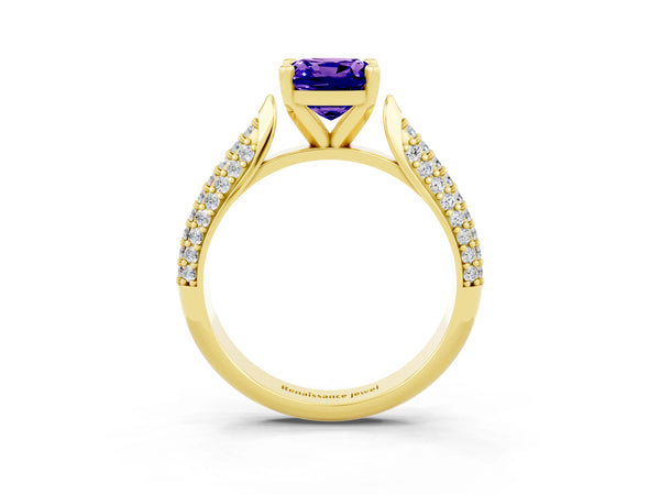 Yellow gold Cushion Cut Tanzanite Solitaire Engagement Ring with Multi-Row Round Pavé Band and Prong Setting