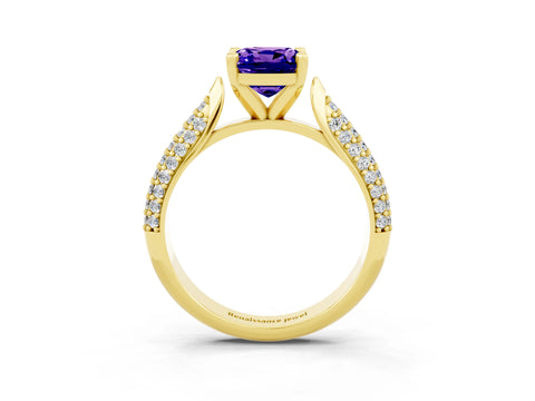Yellow gold Cushion Cut Diamond Solitaire Engagement Ring with Pavé Band and Four-Prong Setting_3