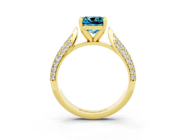 Yellow gold Cushion Cut Diamond Solitaire Engagement Ring with Pavé Band and Four-Prong Setting