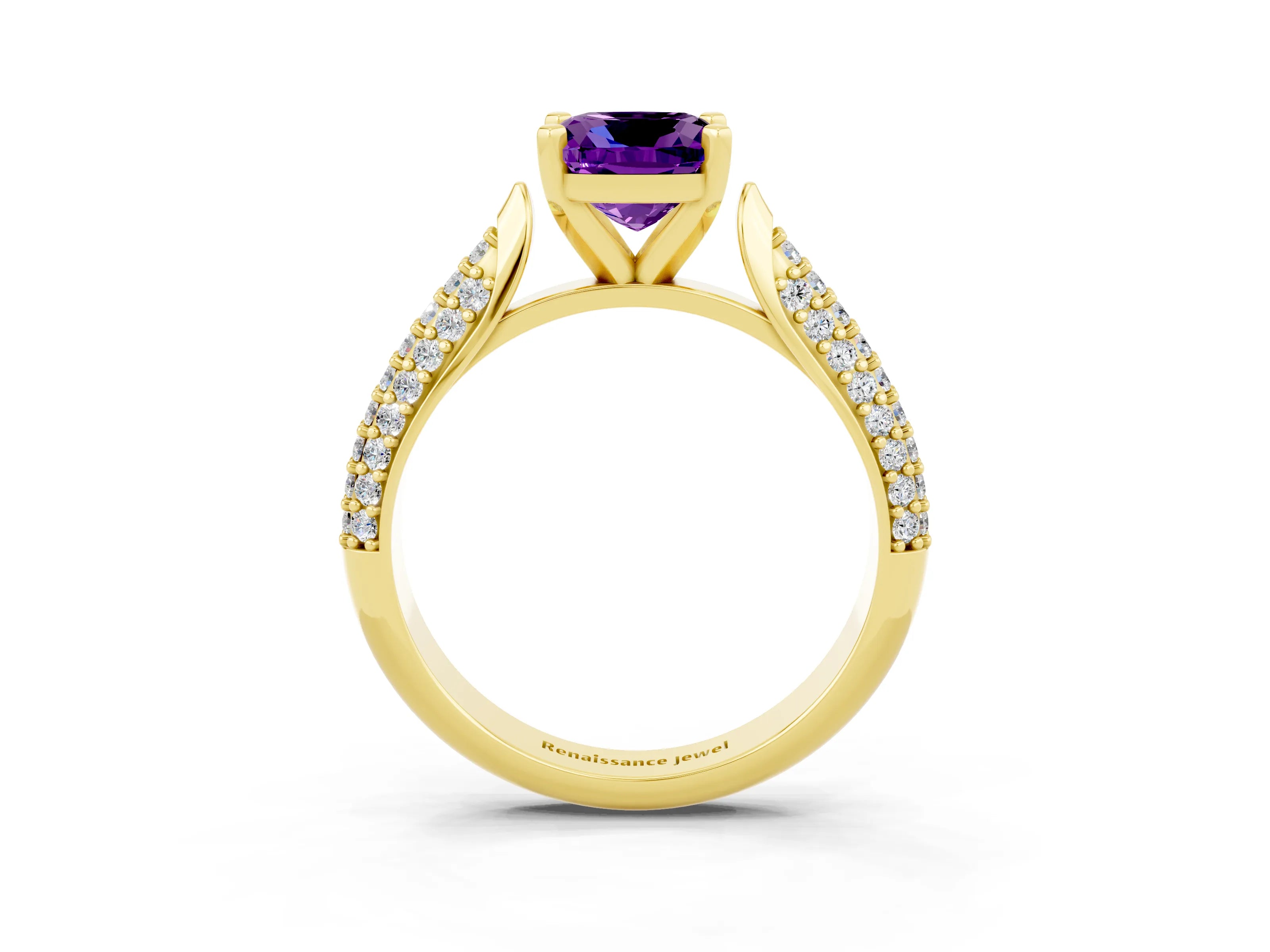 Yellow gold Cushion Cut Diamond Solitaire Engagement Ring with Pavé Band and Four-Prong Setting_3