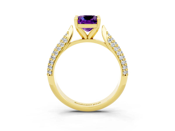 Yellow gold Cushion Cut Amethyst Solitaire Engagement Ring with Multi-Row Round Pavé Band and Prong Setting