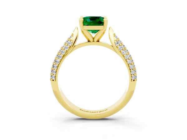 Yellow gold Cushion Cut Emerald Solitaire Engagement Ring with Multi-Row Round Pavé Band and Prong Setting