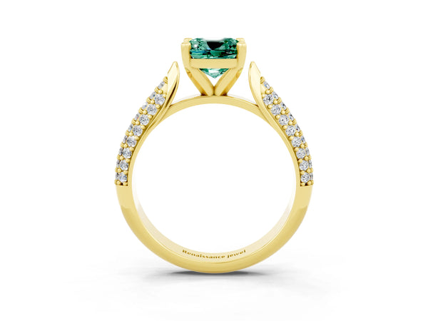Yellow gold Cushion Cut Green Sapphire Solitaire Engagement Ring with Multi-Row Round Pavé Band and Prong Setting