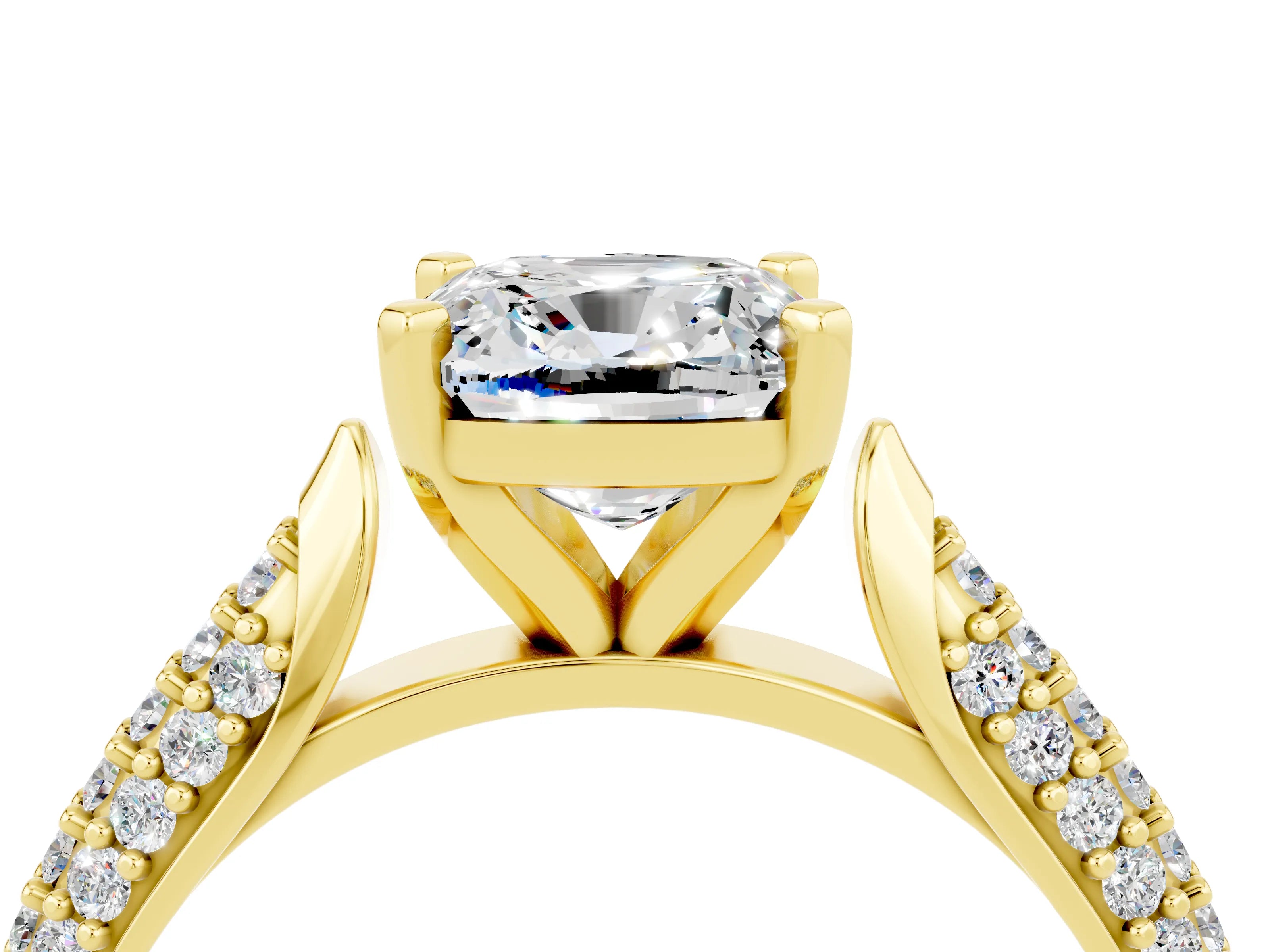 Yellow gold Cushion Cut Diamond Solitaire Engagement Ring with Pavé Band and Four-Prong Setting_4