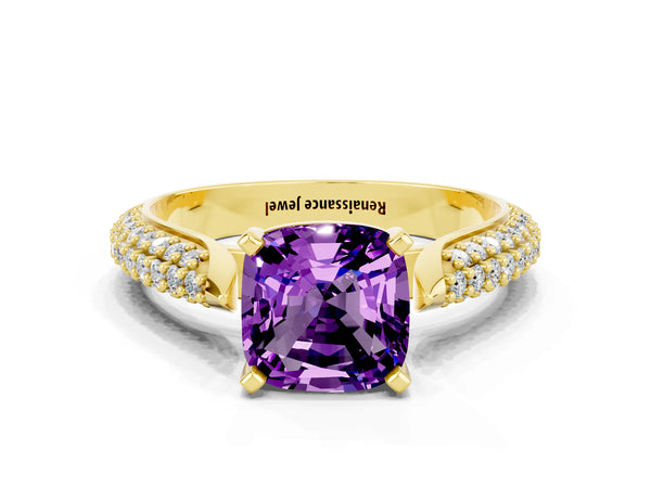 Yellow gold Cushion Cut Amethyst Solitaire Engagement Ring with Multi-Row Round Pavé Band and Prong Setting