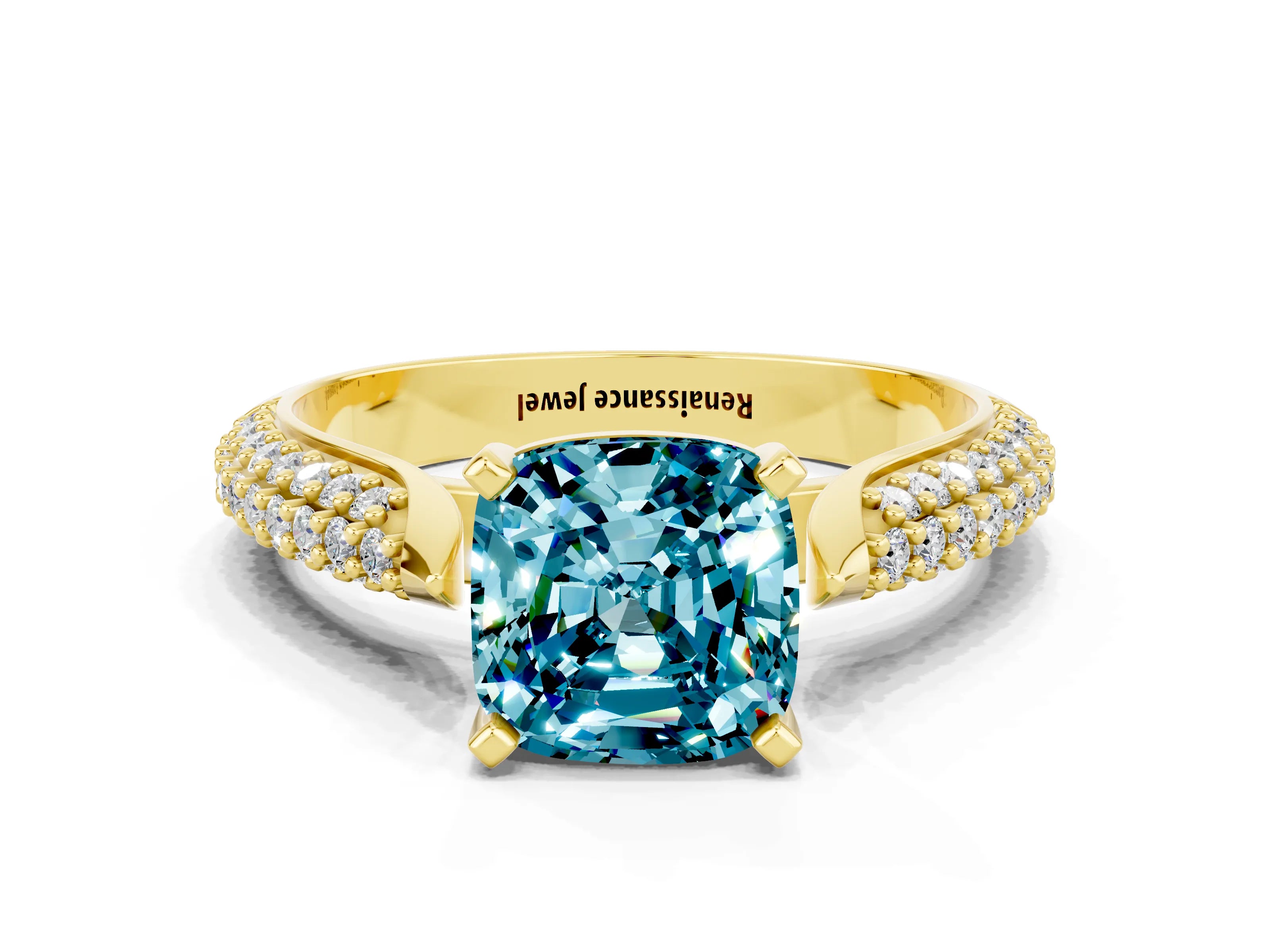 Yellow gold Cushion Cut Diamond Solitaire Engagement Ring with Pavé Band and Four-Prong Setting