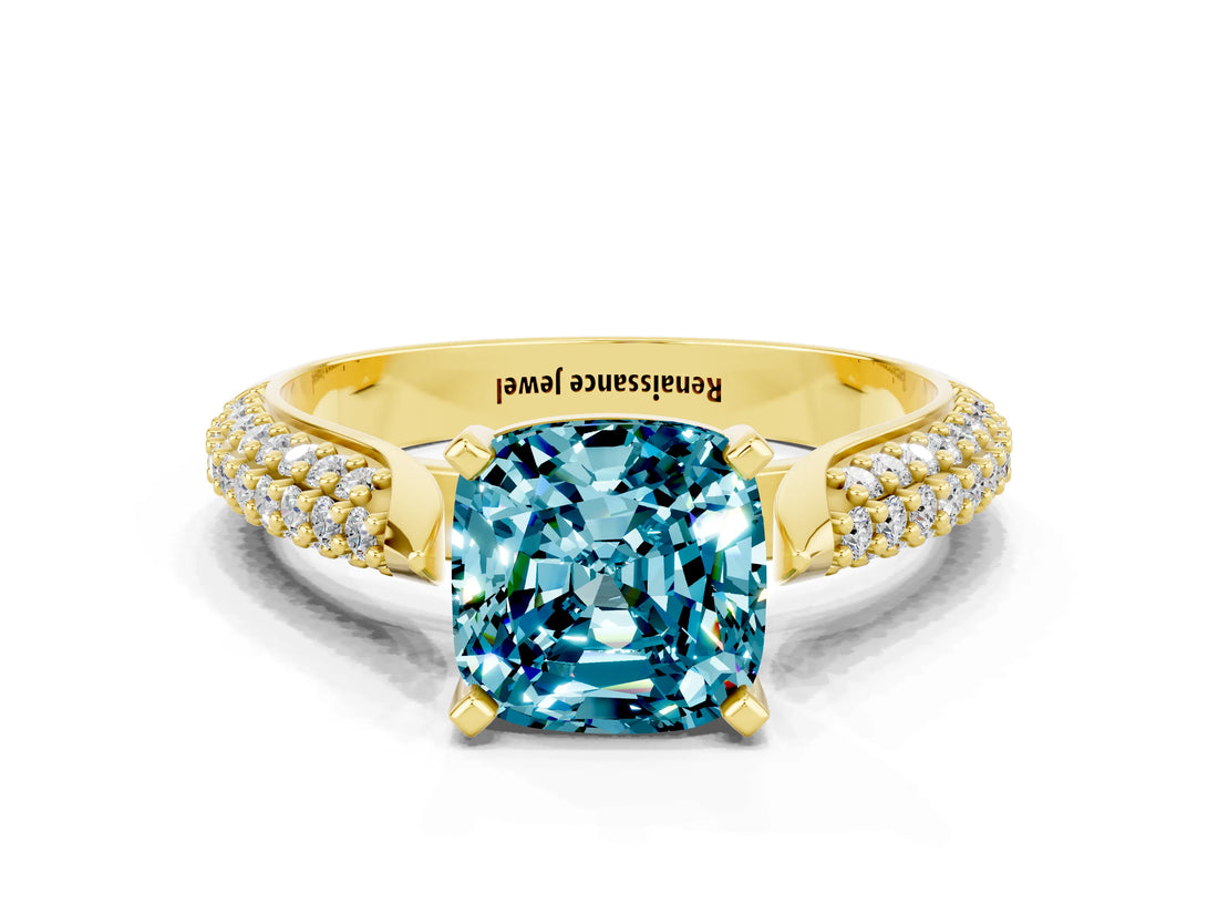 Yellow gold Cushion Cut Diamond Solitaire Engagement Ring with Pavé Band and Four-Prong Setting