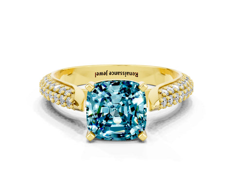 Yellow gold Cushion Cut Diamond Solitaire Engagement Ring with Pavé Band and Four-Prong Setting