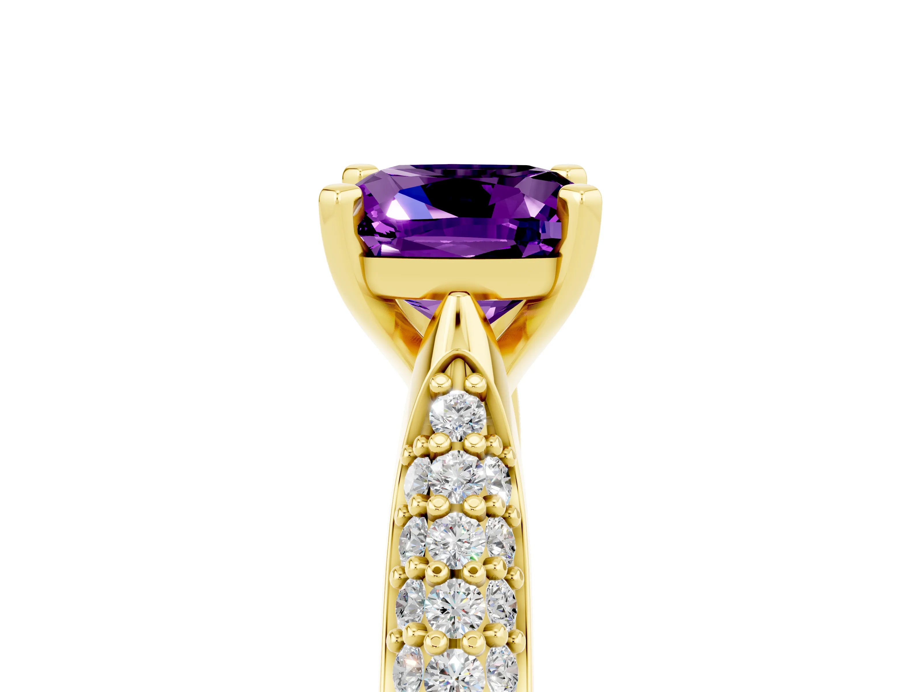 Yellow gold Cushion Cut Diamond Solitaire Engagement Ring with Pavé Band and Four-Prong Setting_5