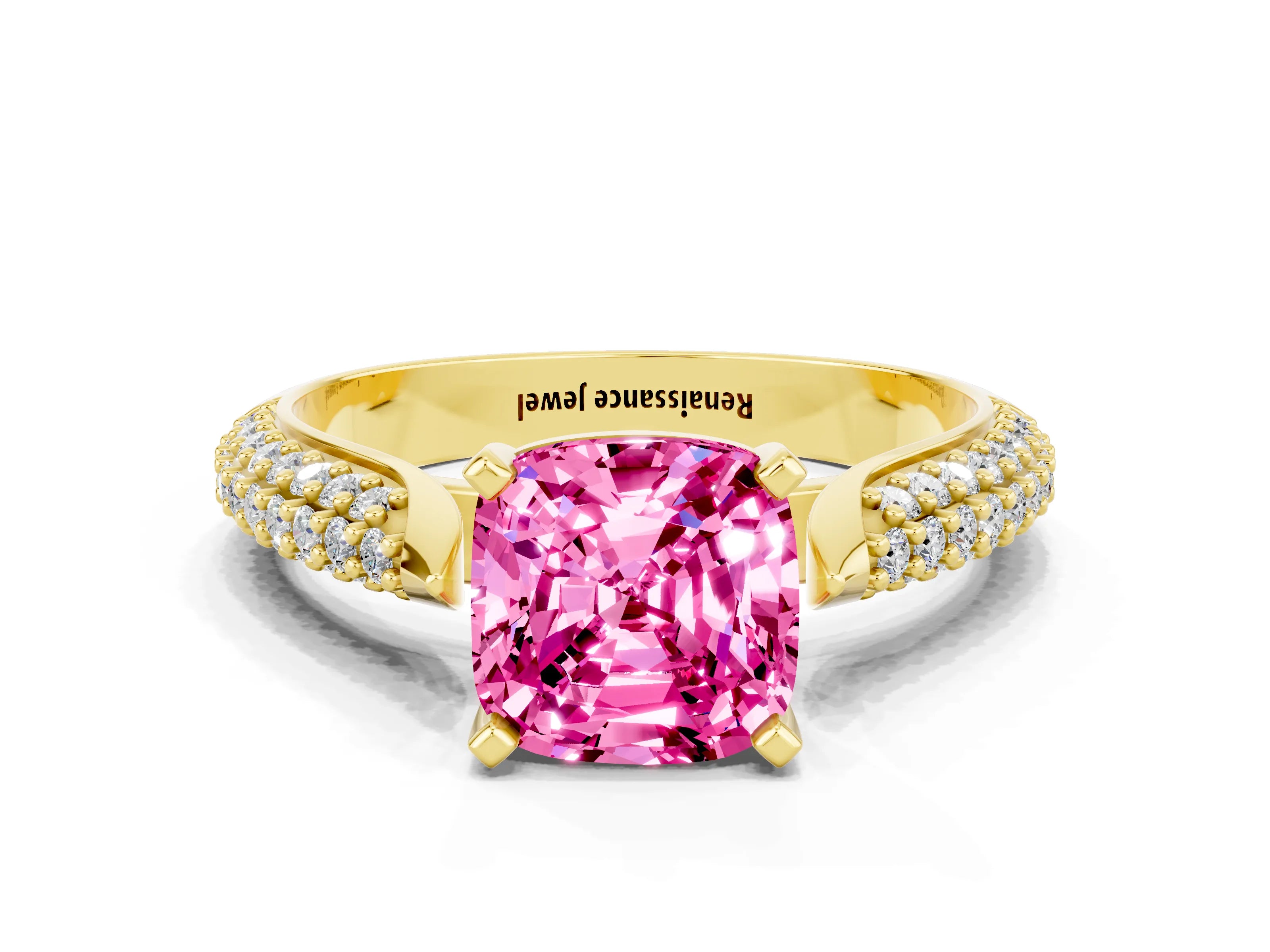 Yellow gold Cushion Cut Diamond Solitaire Engagement Ring with Pavé Band and Four-Prong Setting
