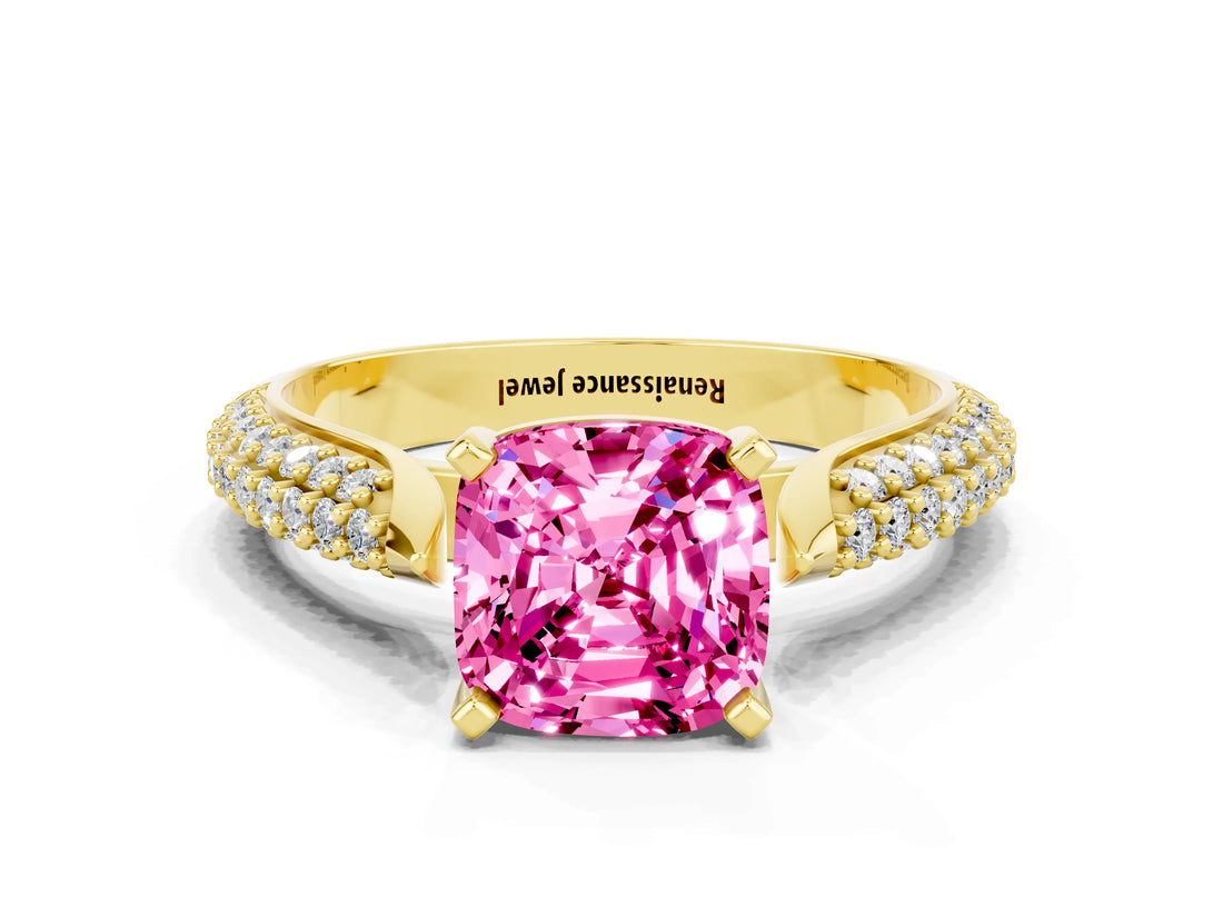 Yellow gold Cushion Cut Diamond Solitaire Engagement Ring with Pavé Band and Four-Prong Setting
