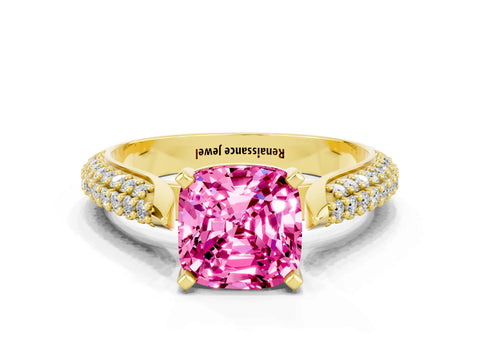 Yellow gold Cushion Cut Diamond Solitaire Engagement Ring with Pavé Band and Four-Prong Setting