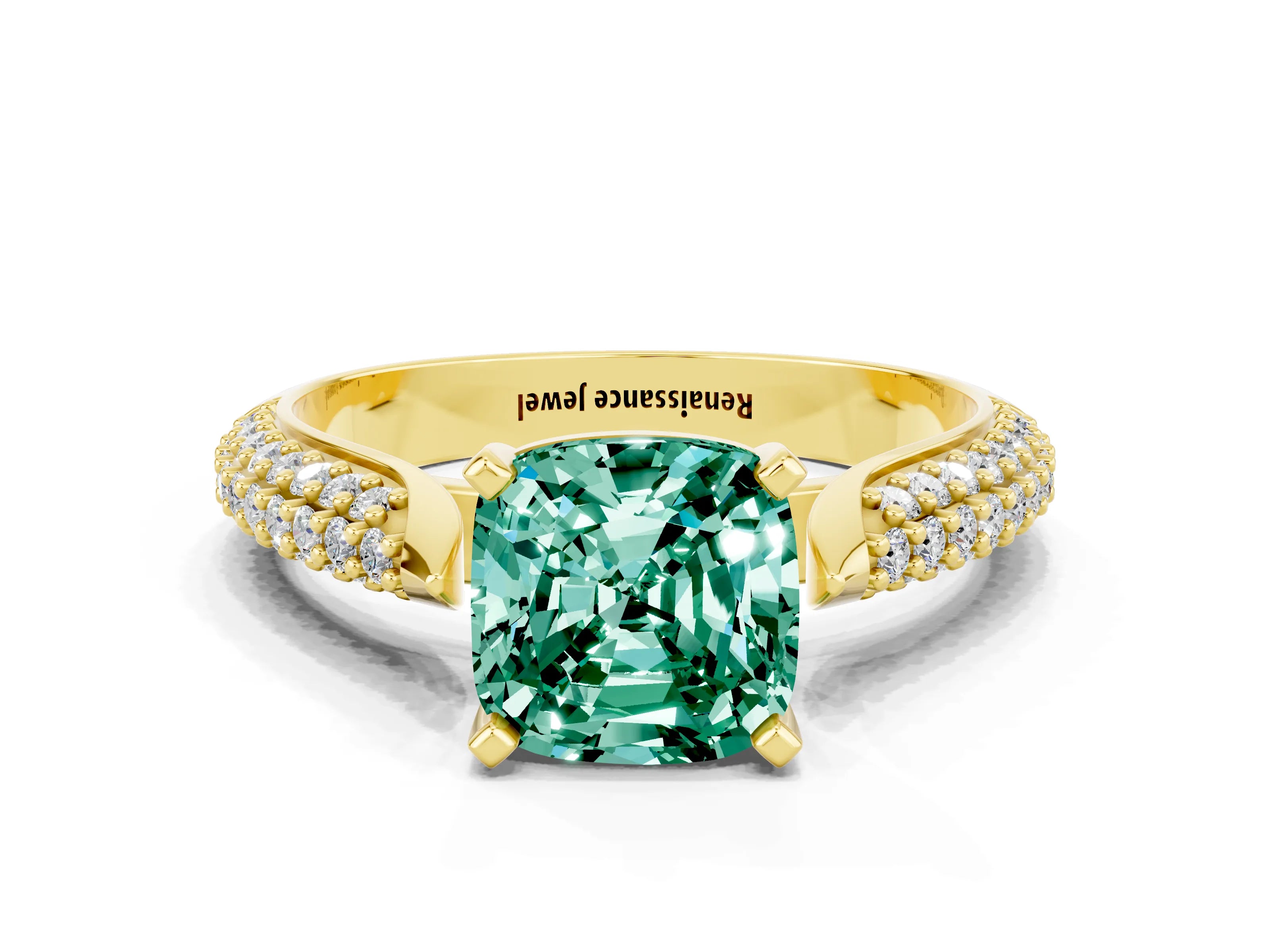 Yellow gold Cushion Cut Diamond Solitaire Engagement Ring with Pavé Band and Four-Prong Setting