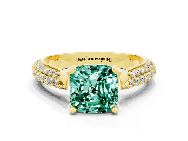 Yellow gold Cushion Cut Green Sapphire Solitaire Engagement Ring with Multi-Row Round Pavé Band and Prong Setting