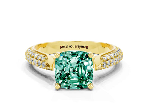 Yellow gold Cushion Cut Diamond Solitaire Engagement Ring with Pavé Band and Four-Prong Setting