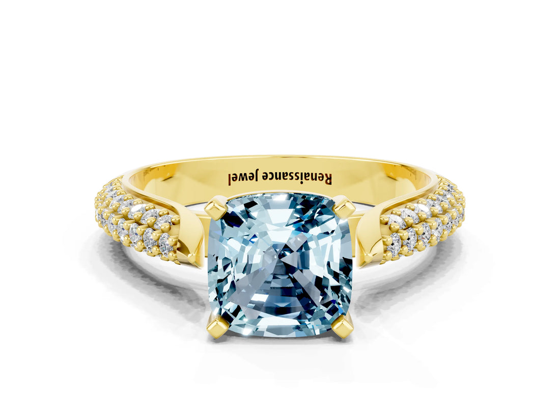 Yellow gold Cushion Cut Diamond Solitaire Engagement Ring with Pavé Band and Four-Prong Setting
