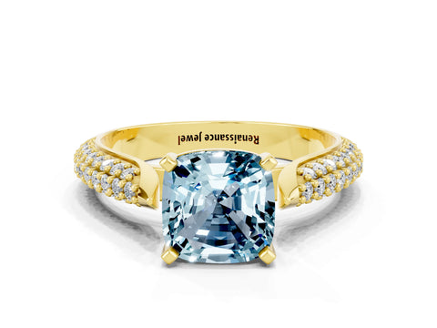 Yellow gold Cushion Cut Diamond Solitaire Engagement Ring with Pavé Band and Four-Prong Setting