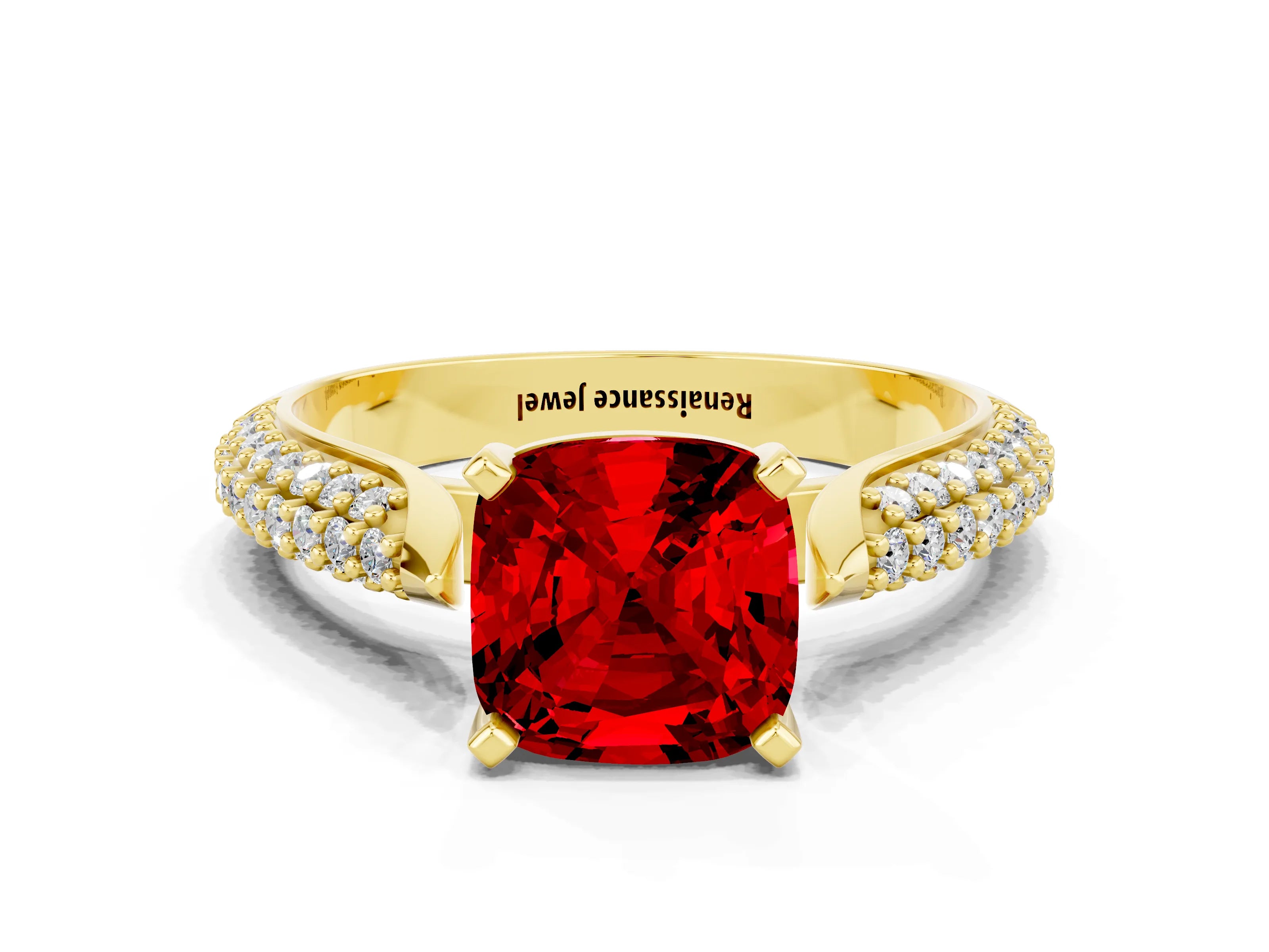 Yellow gold Cushion Cut Diamond Solitaire Engagement Ring with Pavé Band and Four-Prong Setting