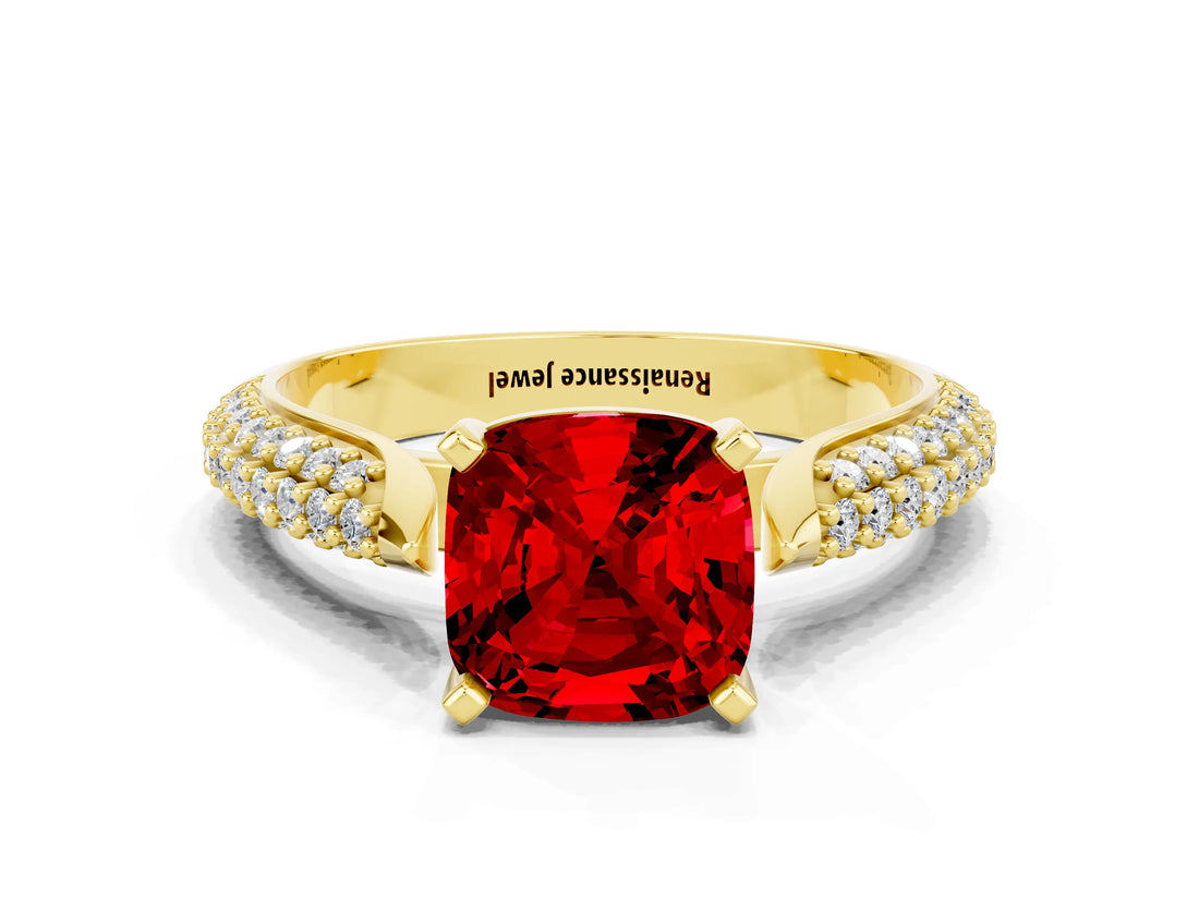 Yellow gold Cushion Cut Diamond Solitaire Engagement Ring with Pavé Band and Four-Prong Setting