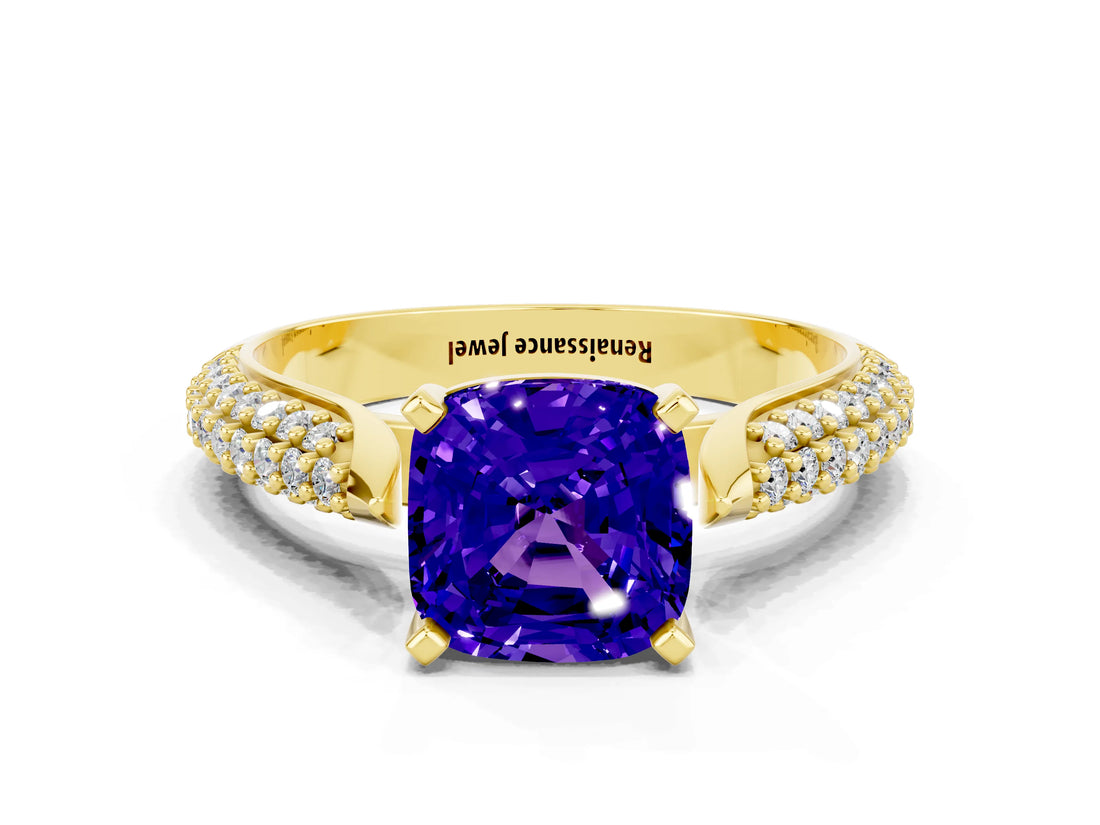 Yellow gold Cushion Cut Diamond Solitaire Engagement Ring with Pavé Band and Four-Prong Setting