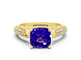 Yellow gold Cushion Cut Diamond Solitaire Engagement Ring with Pavé Band and Four-Prong Setting