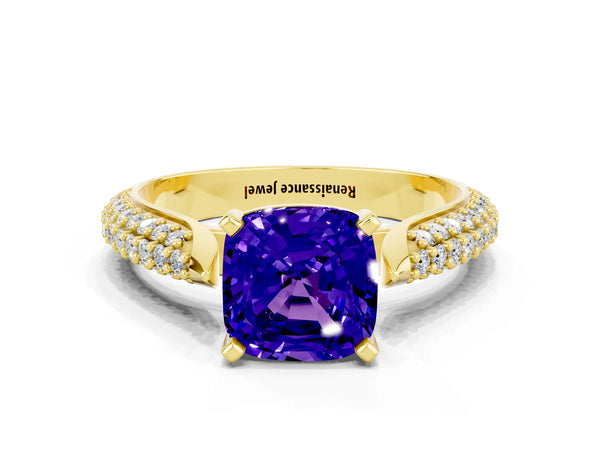 Yellow gold Cushion Cut Tanzanite Solitaire Engagement Ring with Multi-Row Round Pavé Band and Prong Setting