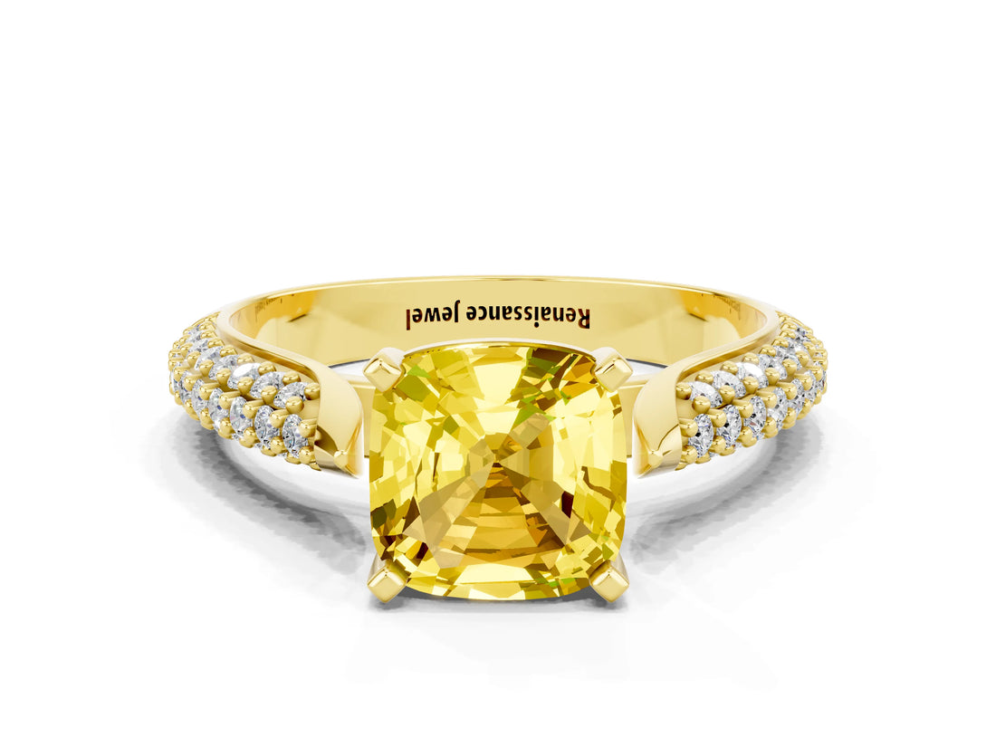 Yellow gold Cushion Cut Diamond Solitaire Engagement Ring with Pavé Band and Four-Prong Setting