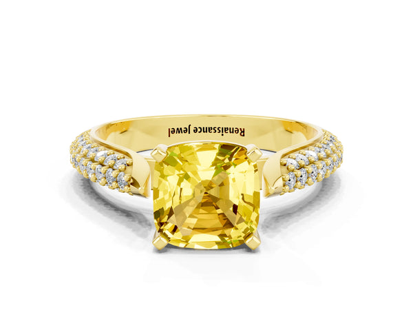 Yellow gold Cushion Cut Yellow Sapphire Solitaire Engagement Ring with Multi-Row Round Pavé Band and Prong Setting