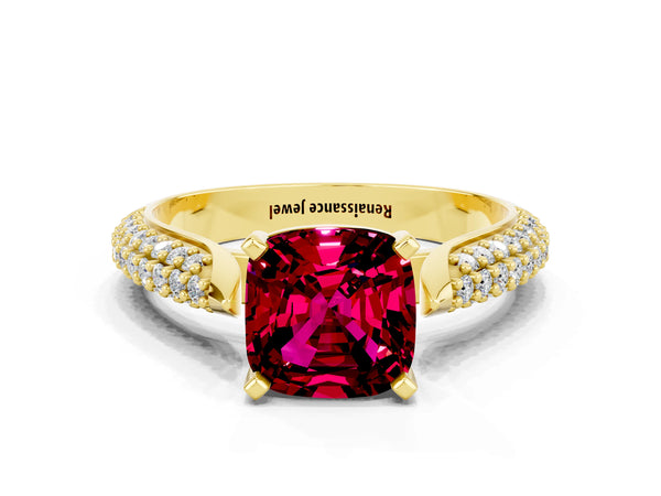 Yellow gold Cushion Cut Garnet Solitaire Engagement Ring with Multi-Row Round Pavé Band and Prong Setting