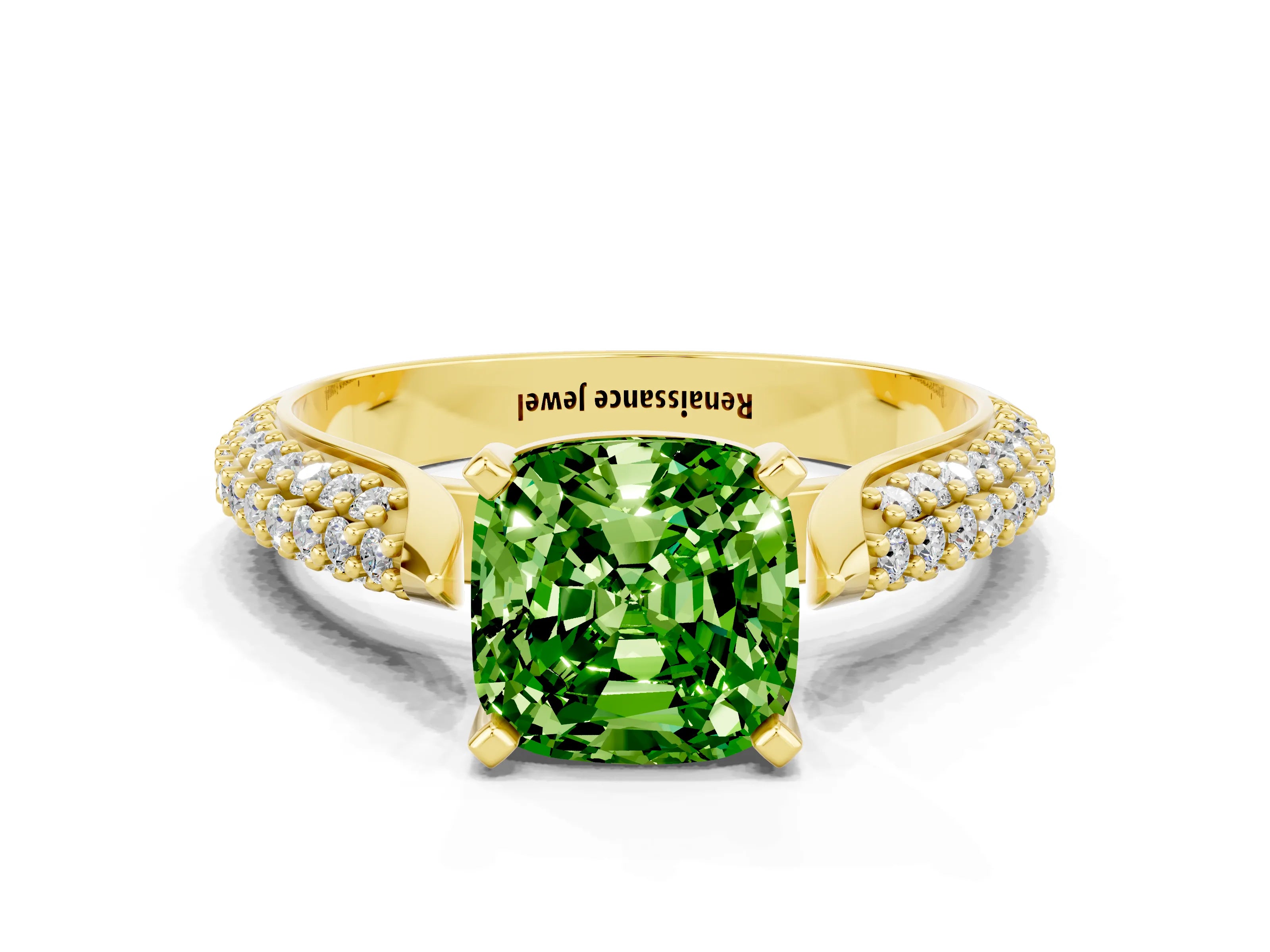 Yellow gold Cushion Cut Diamond Solitaire Engagement Ring with Pavé Band and Four-Prong Setting