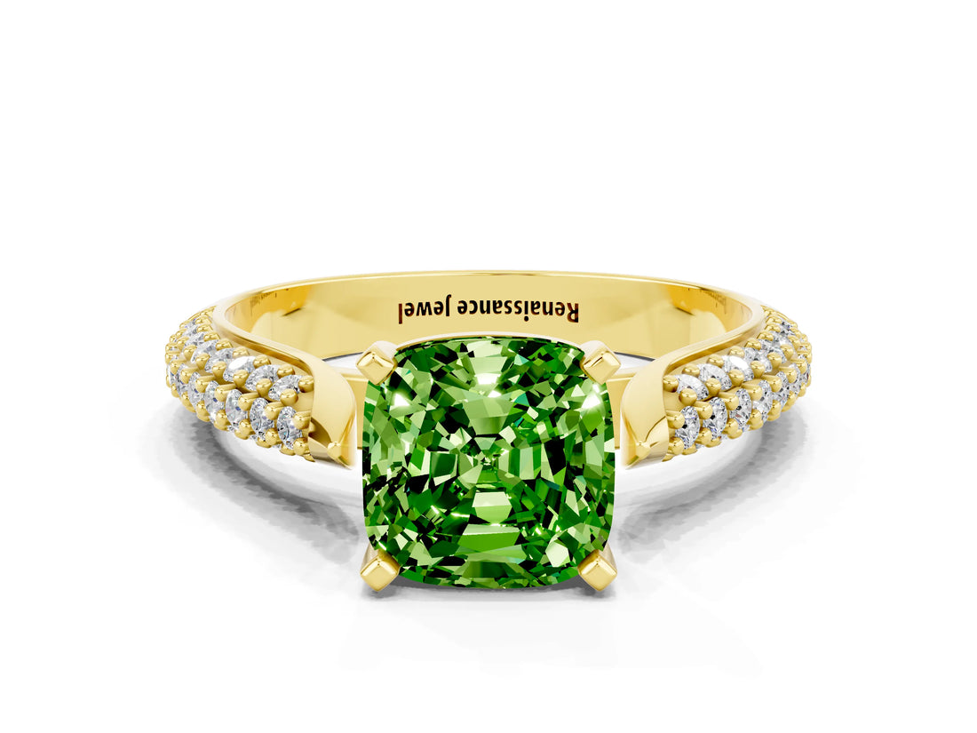 Yellow gold Cushion Cut Diamond Solitaire Engagement Ring with Pavé Band and Four-Prong Setting