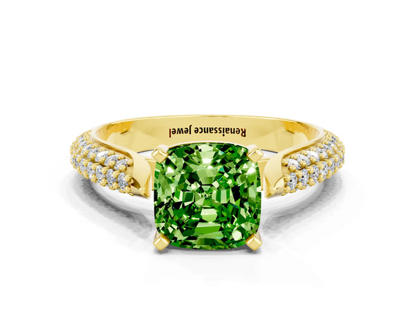 Yellow gold Cushion Cut Diamond Solitaire Engagement Ring with Pavé Band and Four-Prong Setting