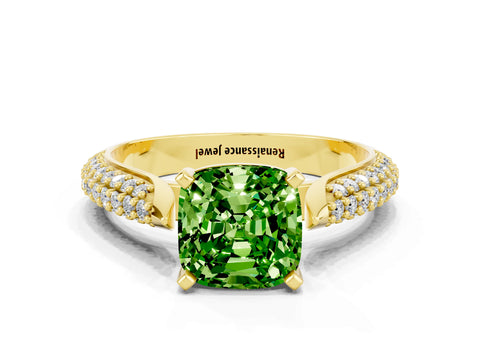 Yellow gold Cushion Cut Diamond Solitaire Engagement Ring with Pavé Band and Four-Prong Setting