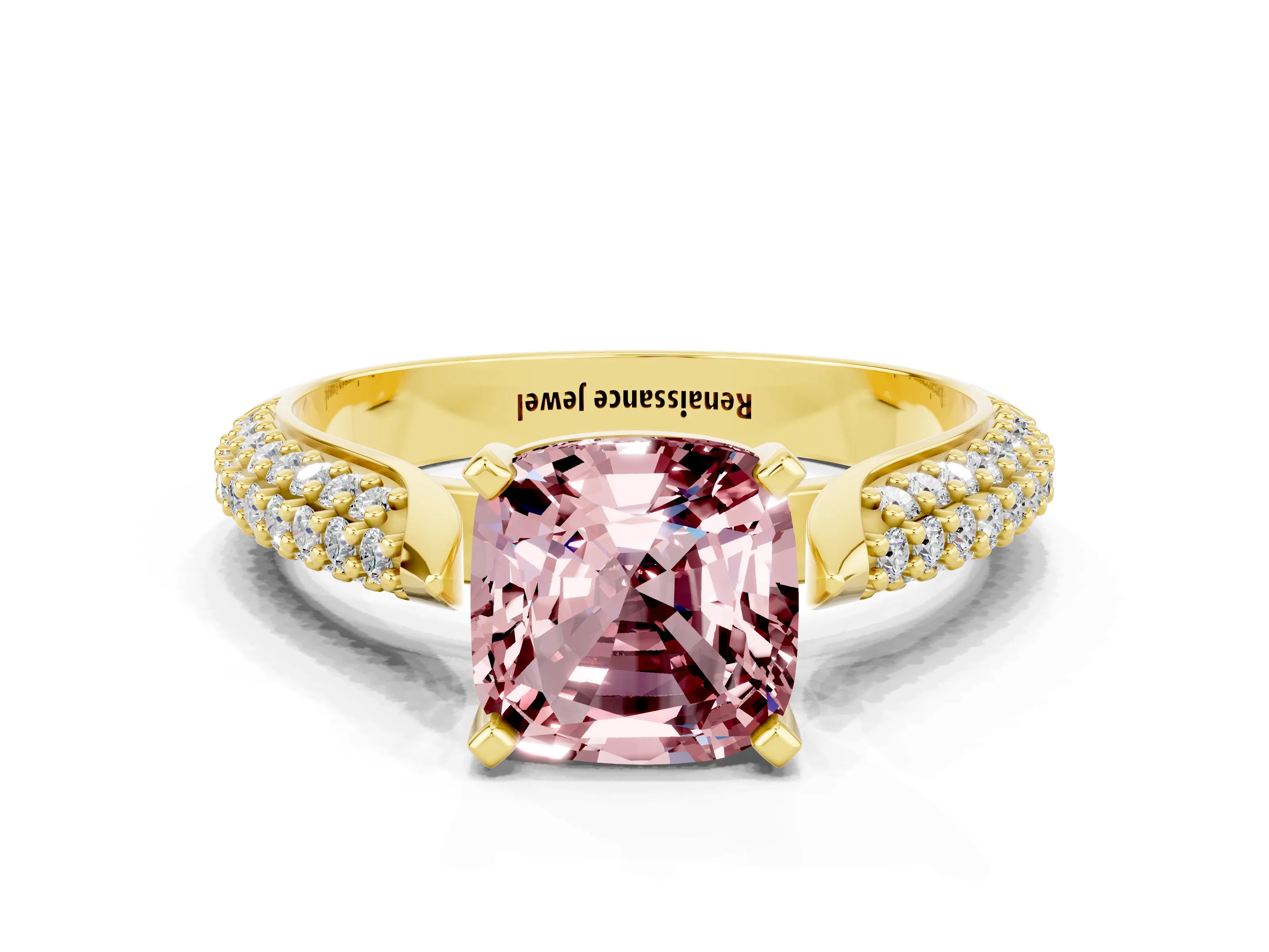 Yellow gold Cushion Cut Diamond Solitaire Engagement Ring with Pavé Band and Four-Prong Setting
