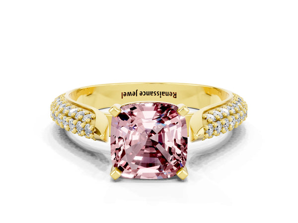 Yellow gold Cushion Cut Diamond Solitaire Engagement Ring with Pavé Band and Four-Prong Setting