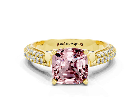 Yellow gold Cushion Cut Diamond Solitaire Engagement Ring with Pavé Band and Four-Prong Setting